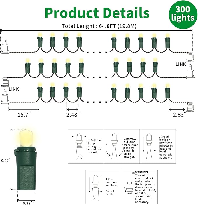 LAMPHOME Warm White Wide Angle LED String Lights, 64.8 Ft 300 Count - Image 6