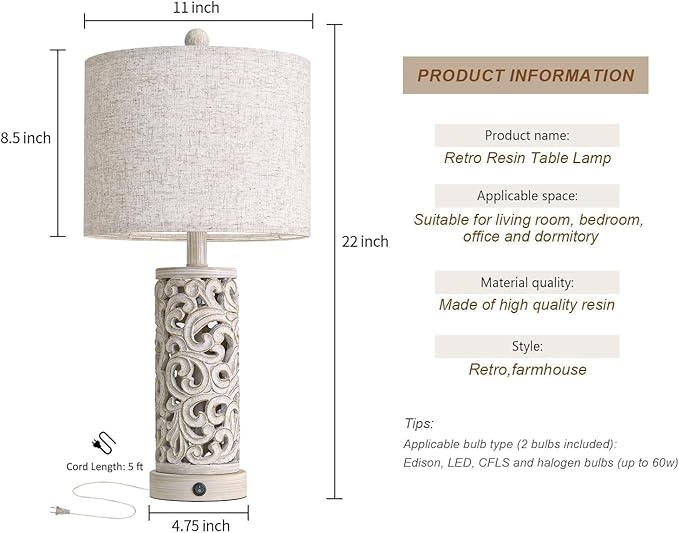 OYEARS Bedside Table Lamps Set of 2 - Image 7