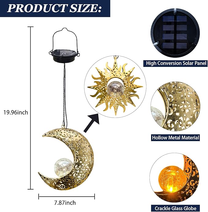 Solar Hanging Sun and Moon Lights Garden Outside Decor, 2 Pack Metal Lanterns - Image 3