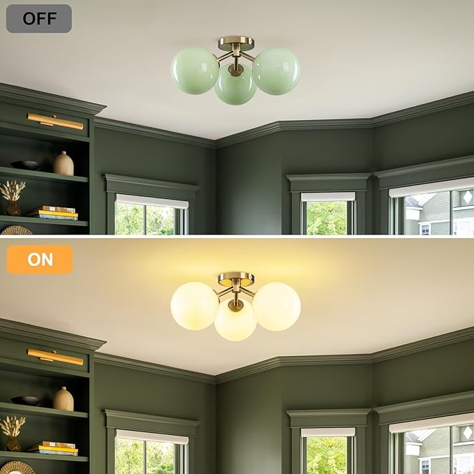 Green Semi Flush Mount Ceiling Light Fixture, 3 Light Opal Glass Globe Mid - Image 5