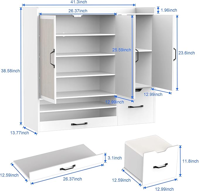 Shoes Storage Cabinet with 3 Doors, Fluted Shoe Cabinet with LED Light - Image 2