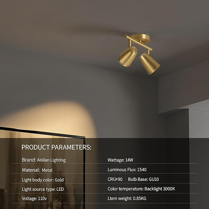 Aisilan LED 2-Light Track Lighting Fixtures Ceiling, Brushed Gold GU10 Track - Image 5