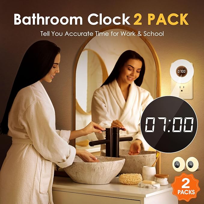 One Fire 【2 Pack】 Bathroom Clock, 10 Levels Dimmable+3 Light Colors+Remote - Image 2
