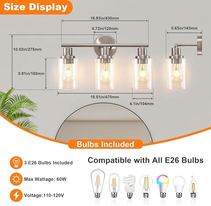 DLLT 3-Light Bathroom Light Fixtures: Nickel Modern Vanity Lights - Image 7