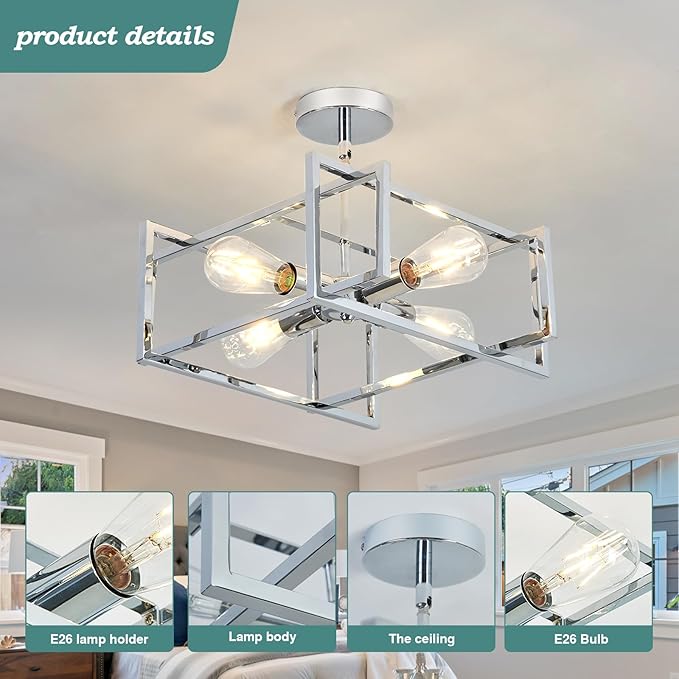 ZGLAOJT 4-Lights Ceiling Light Chrome Light Fixture Industrial Flush Mount - Image 7