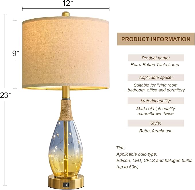 OYEARS 23" Table Lamps for Living Room Set of 2, Bedside Lamps for Night Stands - Image 6