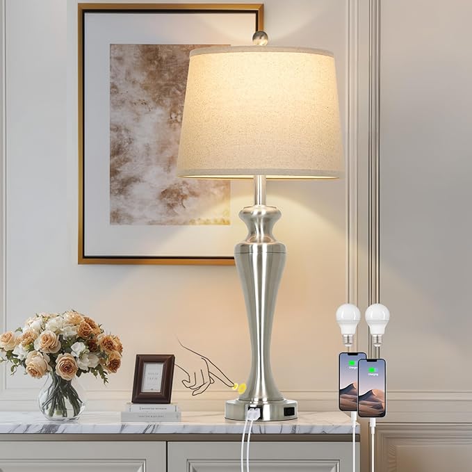 30 Inch Single Silver Table Lamp, 3-Way Dimmable Touch Bedroom Lamp by Unknown