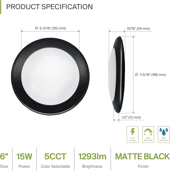 ASD 6 Pack LED Disk Lights 6 Inch, 15W 5CCT 2700K-5000K 1245LM CRI90+, Dimmable - Image 2
