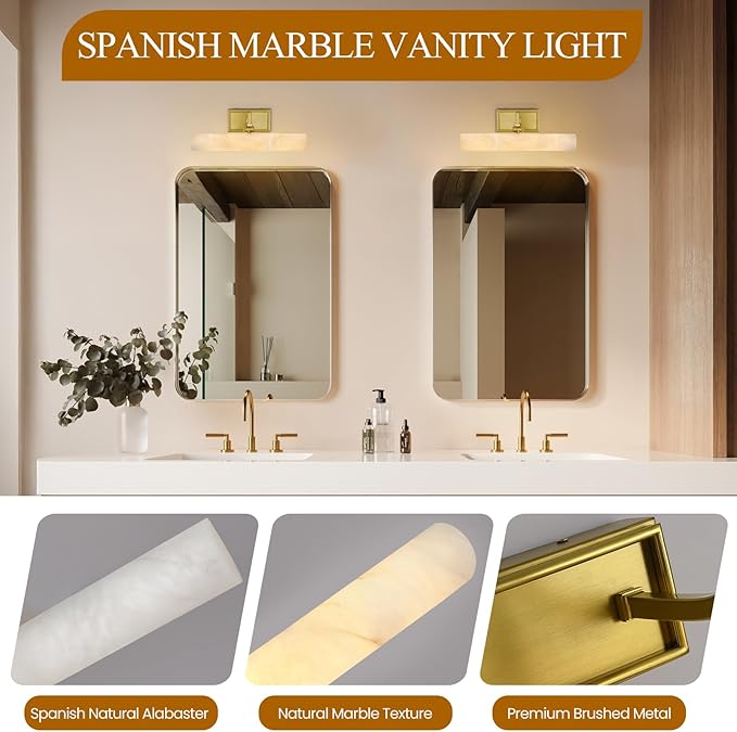 Alabaster Vanity Light, 12in Brass Bathroom Light Fixtures over Mirror - Image 4