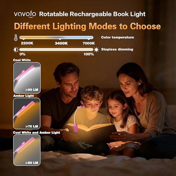 VAVOFO Rechargeable Book Light Rotatable：24 LEDs Reading Light, 3-Color & - Image 4