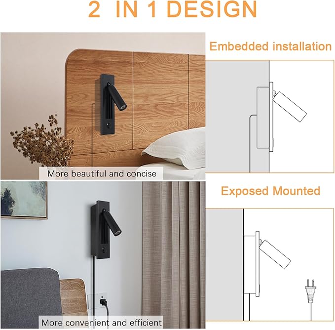 Set of 2 Led Headboard Wall Light, 350°Rotation Portable Plug in Wall Sconce - Image 3