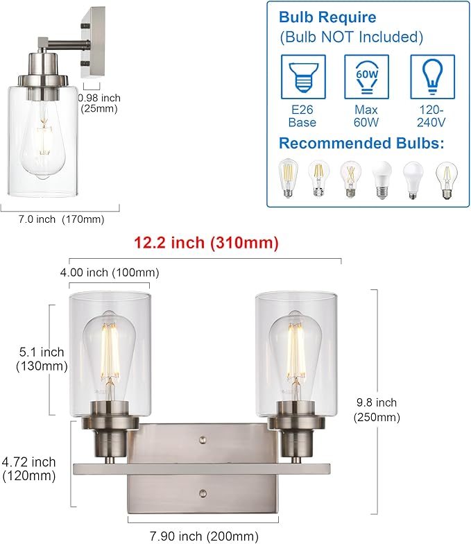 MELUCEE Metal Wall Lights with Clear Glass Shade 2 Heads Bathroom Light - Image 5
