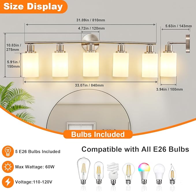 DLLT 5-Light Bathroom Light Fixtures: Nickel Modern Vanity Lights - Image 6