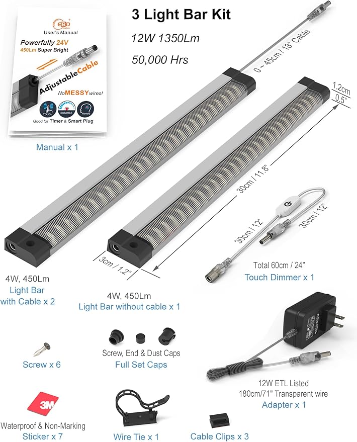 LED Under Cabinet Lighting Touch cabinet light Built-in Adjustable Cable No - Image 5