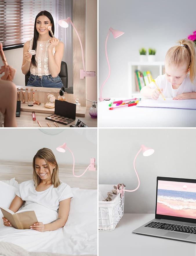 Pink Small Desk Lamp Clip on LED Reading Light - Image 6