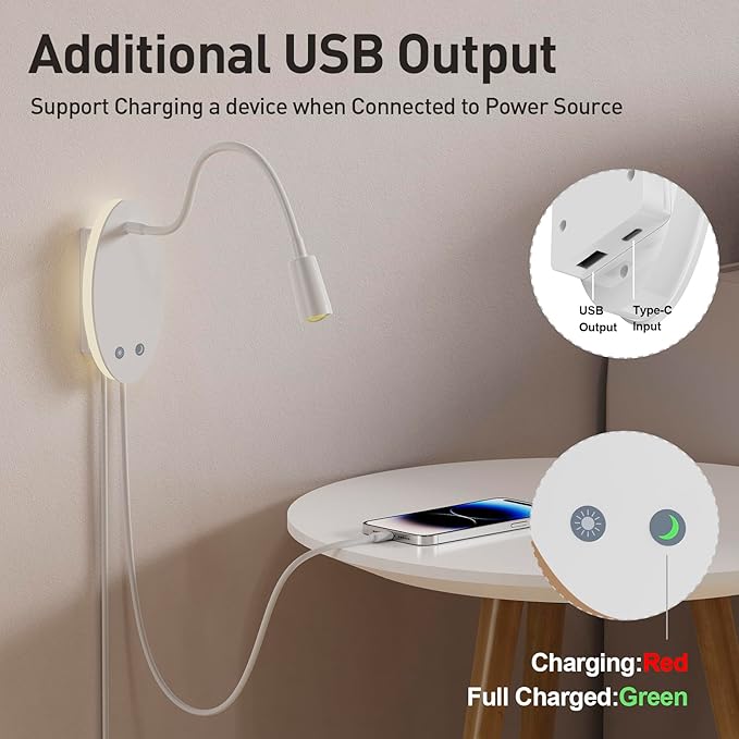 Rechargeable Cordless Reading Light, 360° Adjustable Bedside Lamp, 3 Color - Image 3