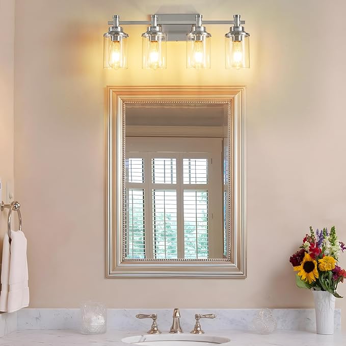 Brushed Nickel Bathroom Lighting Fixtures Over Mirror, 4-Light Bathroom Vanity - Image 6