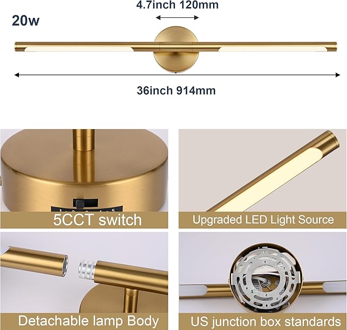 BONLICHT Brushed Brass Vanity Lights 36 Inch Gold Bathroom Light Fixtures 5CCT - Image 5