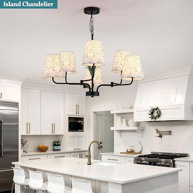 Black Chandeliers with White Fabric Shade, Farmhouse Green Plants Chandelier - Image 4