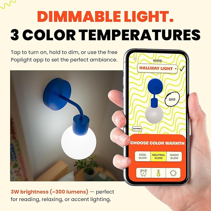 Wireless Wall Sconce Rechargeable & Dimmable LED Light w/App Control & - Image 3