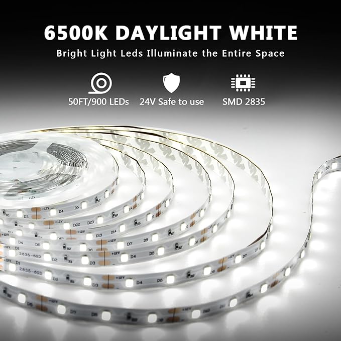 dalattin White LED Strip Lights 50ft Dimmable Bright 24V Led Light Strip 6500K - Image 2
