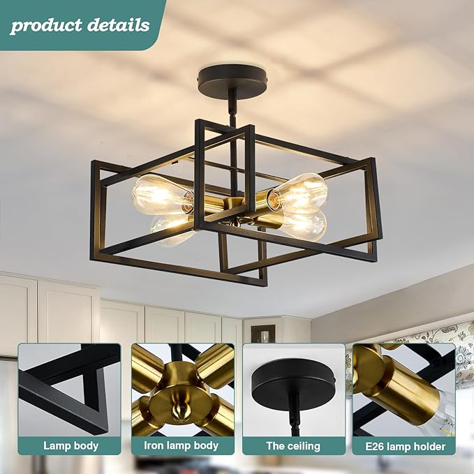 ZGLAOJT 4-Lights Close to Ceiling Light Black and Gold Light Fixture Industrial - Image 3