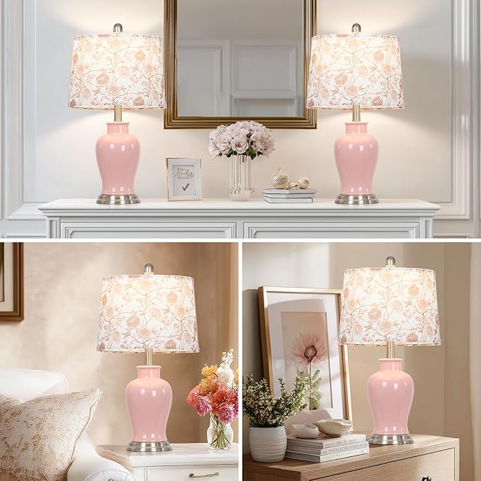 Pink Ceramic Table Lamp with Flower Lampshade, Modern Living Room Lamps Set 2 - Image 7