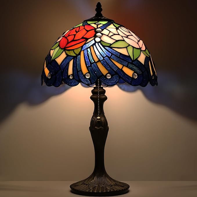 Tiffany Lamp Stained Glass Table Lamp 12” x 19” Rose Feather Style Decorative by LUSTIX
