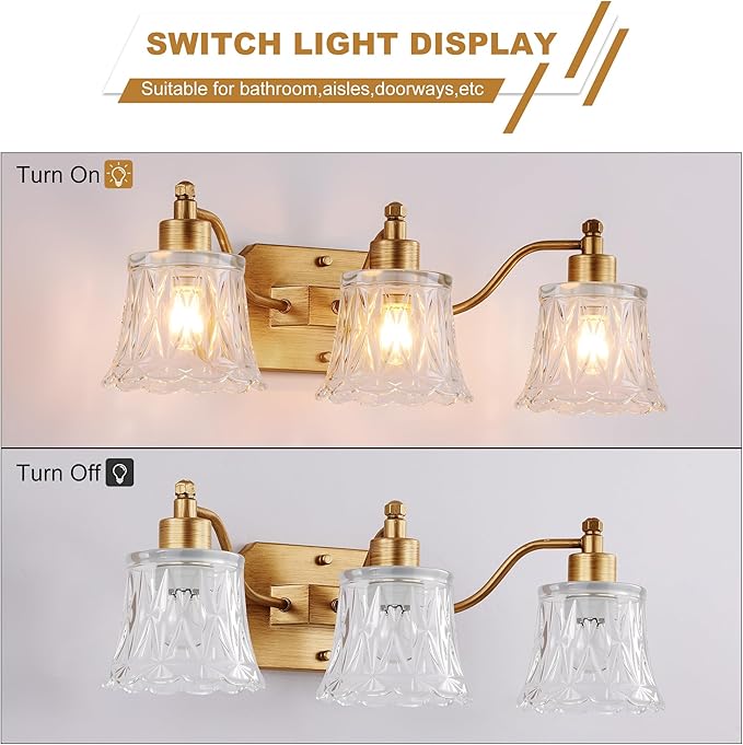 Vintage Bathroom Light Fixtures, 3-Light Gold Vanity Light, Antique Brass Finish - Image 4