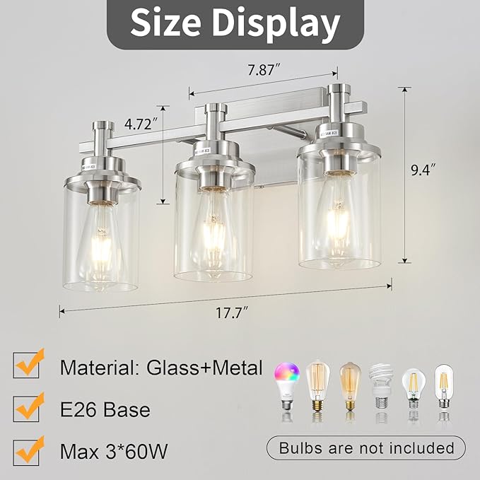 Brushed Nickel 3-Light Vanity Lights - Image 4