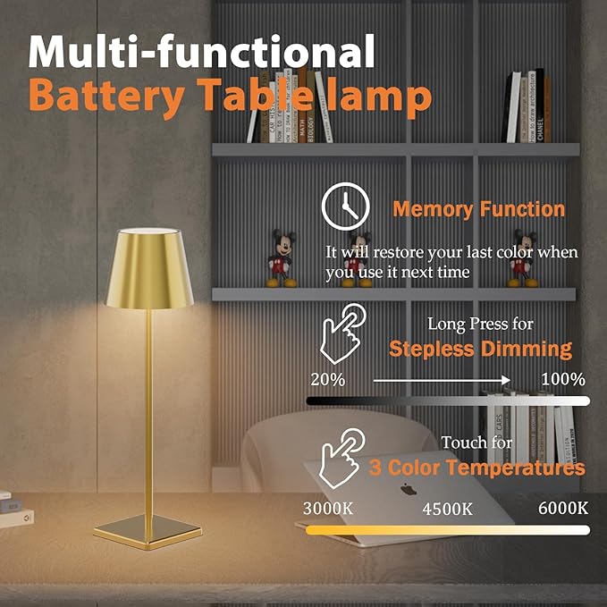 Gold Cordless Table Lamp, 5500mAh Battery Powered Table Light Brass, 3 Color - Image 5