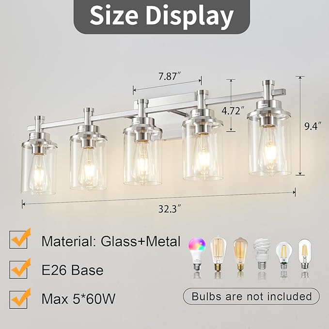5 Lights Bathroom Light Fixtures, Brushed Nickel Vanity Light - Image 4