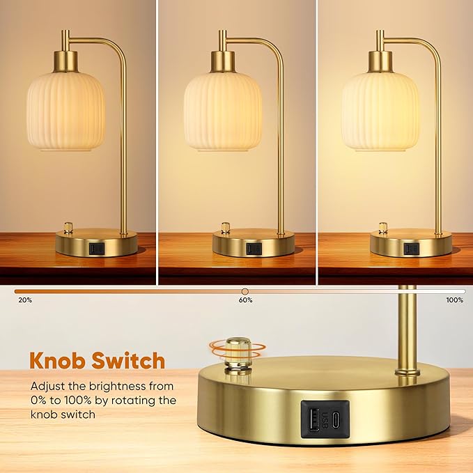 QiMH Industrial Table Lamp for Bedroom Set of 2, Cream Glass Beside Lamp - Image 2