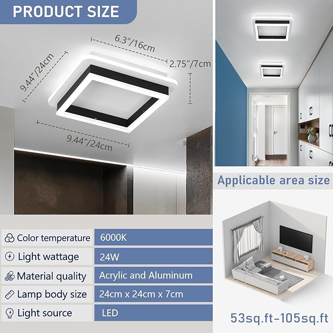 CANEOE 2 Packs Square Flush Mount Ceiling Light, 6000K Black Modern LED Ceiling - Image 5