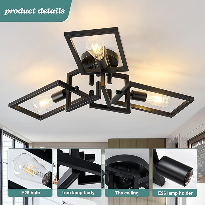ZGLAOJT Black Industrial Flush Mount Ceiling Light 3-Light Kitchen Light - Image 5