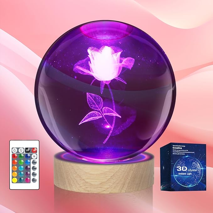 3D Rose Crystal Ball Lamp, 16 Color Changing Night Light by Aoyosic