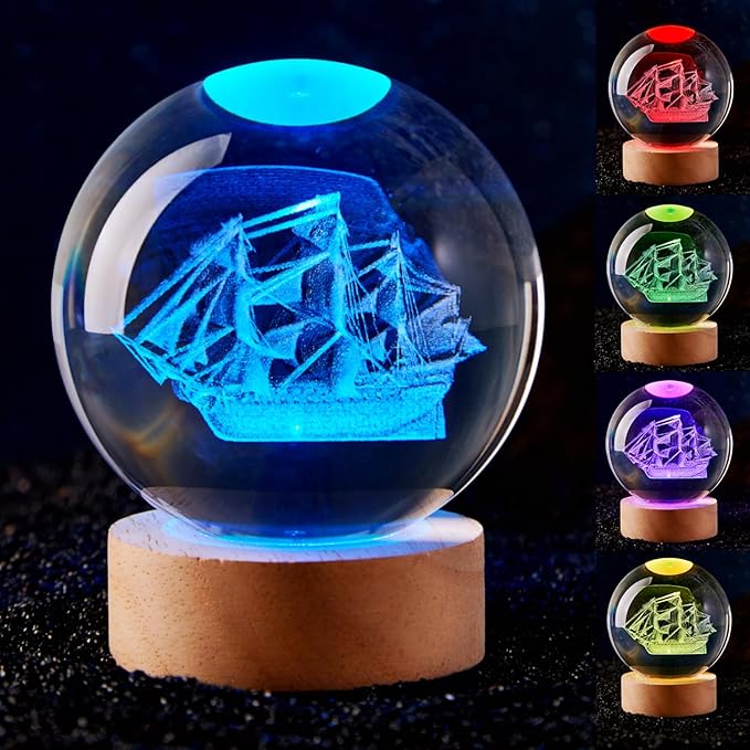 Large Sailboat Crystal Ball Night Light by Unknown
