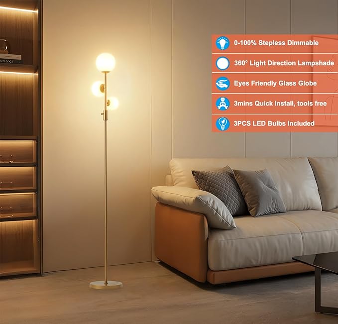 Fiqevs Upgrade Dimmable Floor Lamp, 3 Globe Mid Century Floor Lamps - Image 3
