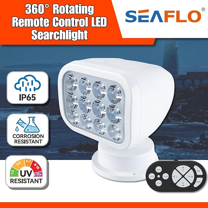SEAFLO 360° Rotating Remote Control LED Searchlight, Auto-Reset, IP66 Waterproof - Image 2