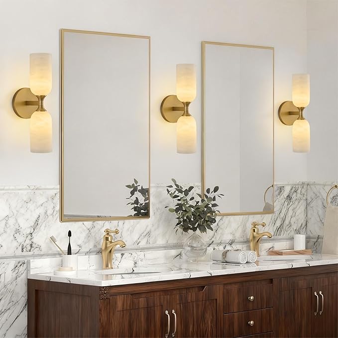 Vintage Alabaster Brass Wall Sconce: Set of 2 Antique Spanish Natural Marble - Image 4