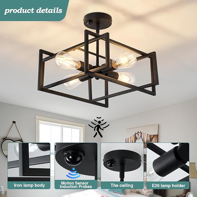 ZGLAOJT Motion Sensor Ceiling Light Fixture 4-Lights Semi Flush Mount Ceiling - Image 5