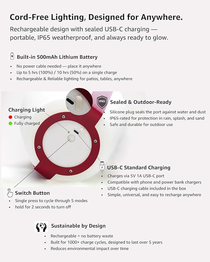 Cordless Lamp for Patio Decor, Patio Lights Outdoor Waterproof IP65, - Image 8
