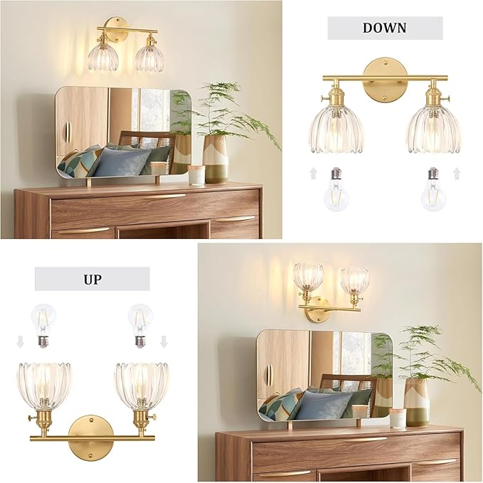 Bathroom Light Fixtures, 2-Light Brass Vanity Wall Light Over Mirror - Image 6