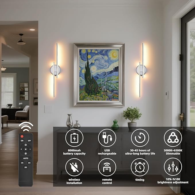 Rechargeable Battery Operated Wall Sconce Set Of Two, Chrome Wireless LED Wall - Image 2