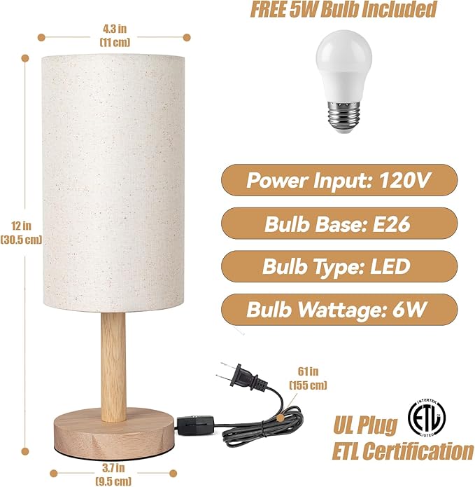 Small Table Lamp for Bedroom, Nightstand Lamp Linen Lampshade Bedroom Wood Base - Image 7