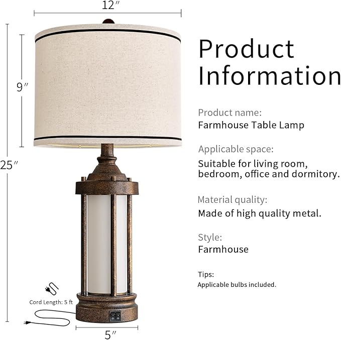 25'' Table Lamp for Living Room Bedroom Farmhouse Metal Lamps - Image 8