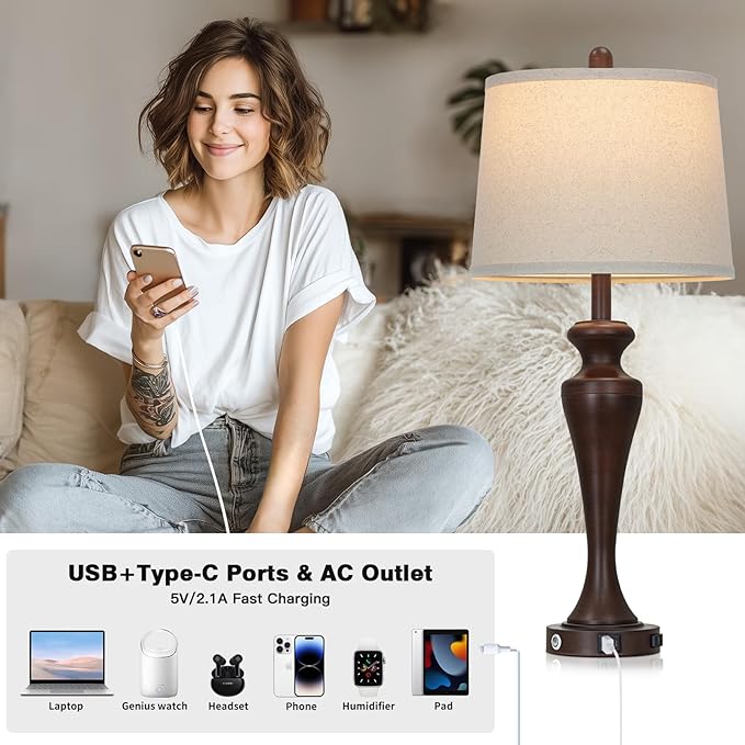 30" Brown Touch Table Lamps Set of 2, 3-Way Bedside Lamp - Image 3
