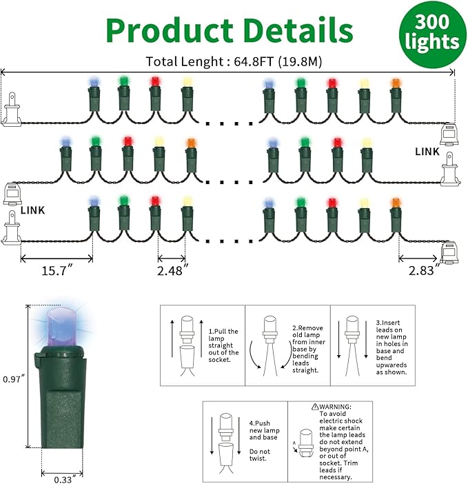 LAMPHOME Multicolor Wide Angle LED Christmas Lights, 64.8 Ft 300 Count - Image 3