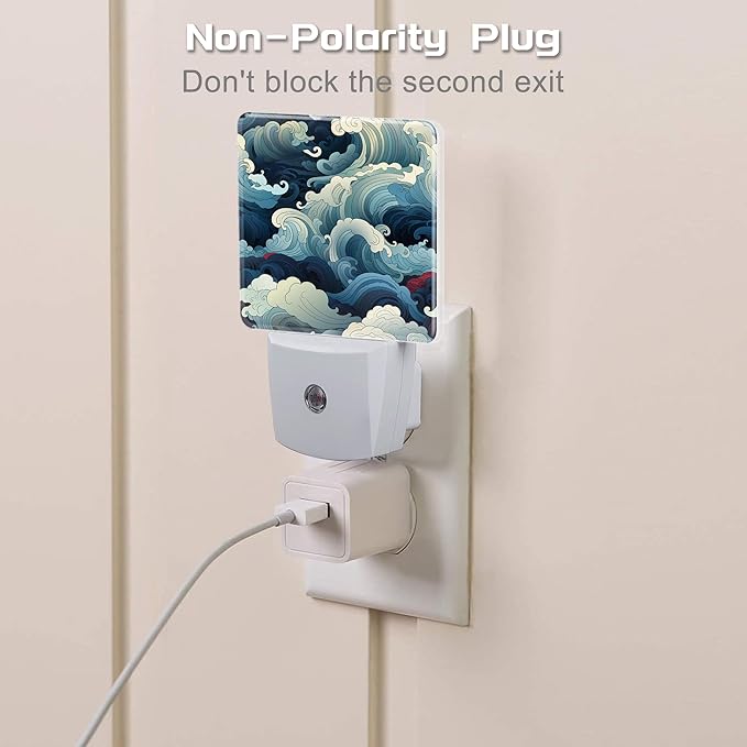 Blue White Ocean Waves Night Light Plug into Wall, Cartoon Sea Waves Dusk to - Image 3