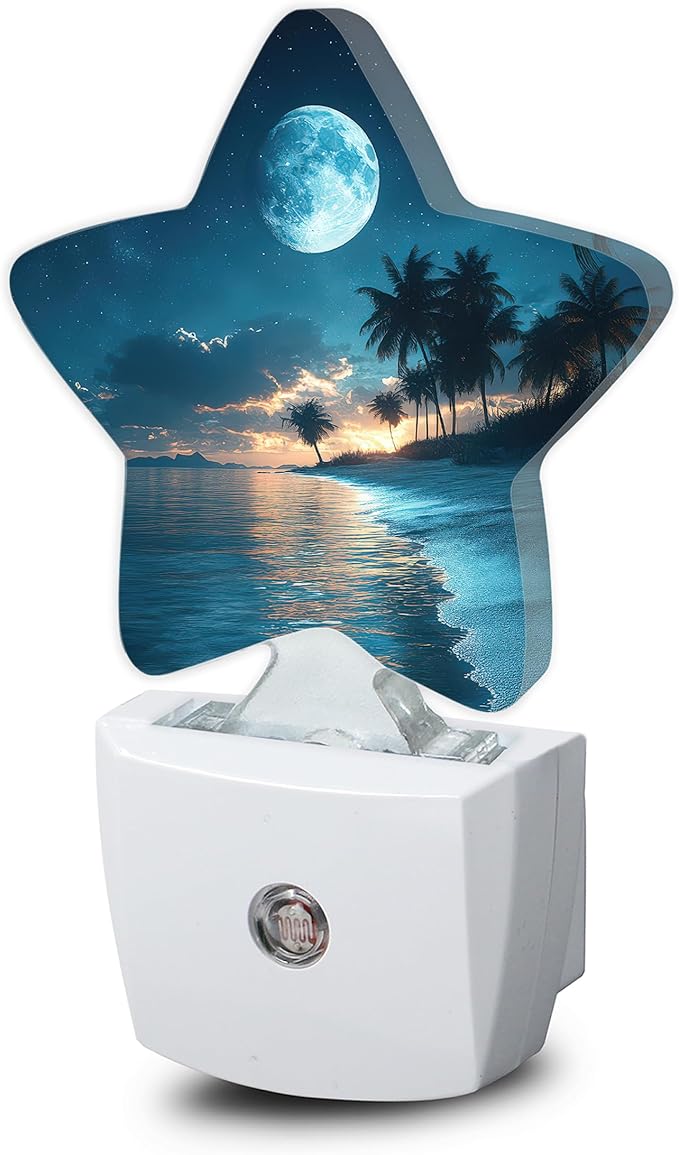 Moon Beach Night Light, Tropical Palm Tree Plug-in Star Night Lights by SNOWMOLLE